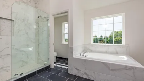 Baldwin master bath with soaking tub, large window over tub and walk in shower