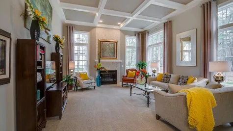 Large Brandywine family with fireplace, double height ceiling and windows plus sample furniture