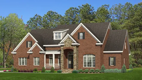 Monticello home exteriro red brick white trim stone entry