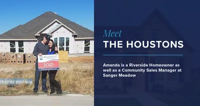Image of Amanda Houston and her husband with their sold sign in front of their Riverside home.