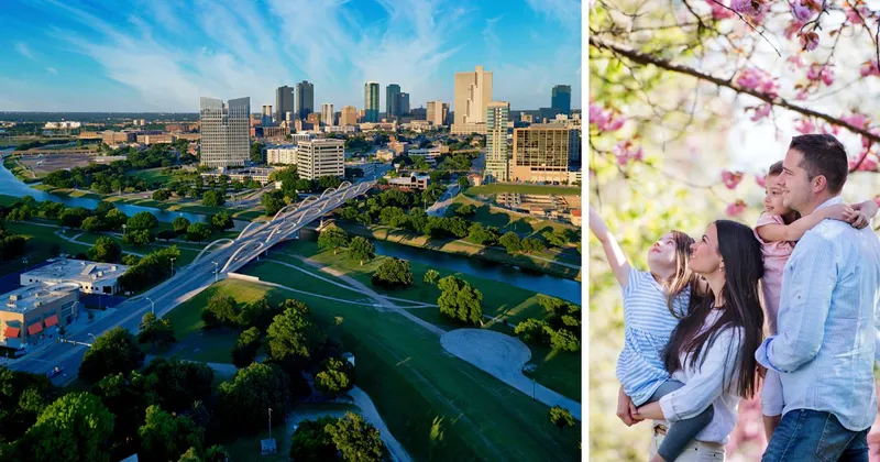 An aerial image of the Fort Worth skyline and a family enjoying spring near their Riverside community.