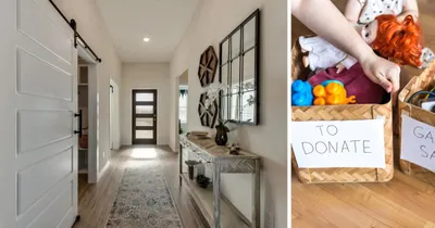 Interior image of Riverside home and stock image of a person making a donation box.