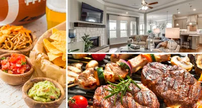 3 photo collage. Photo on left is of chips, salsa, guacamole, and pretzels. Picture on top right is of living room. Photo on bottom right is of steaks on a grill.