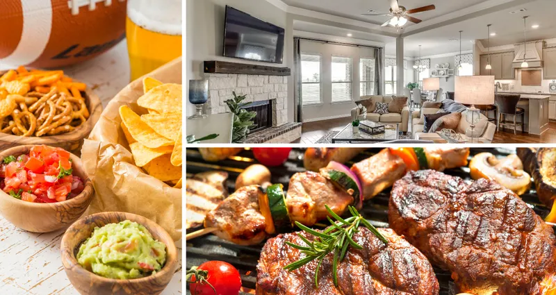 3 photo collage. Photo on left is of chips, salsa, guacamole, and pretzels. Picture on top right is of living room. Photo on bottom right is of steaks on a grill.