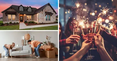Exterior image of a Riverside home and stock images of a couple moving in and people celebrating the New Year.