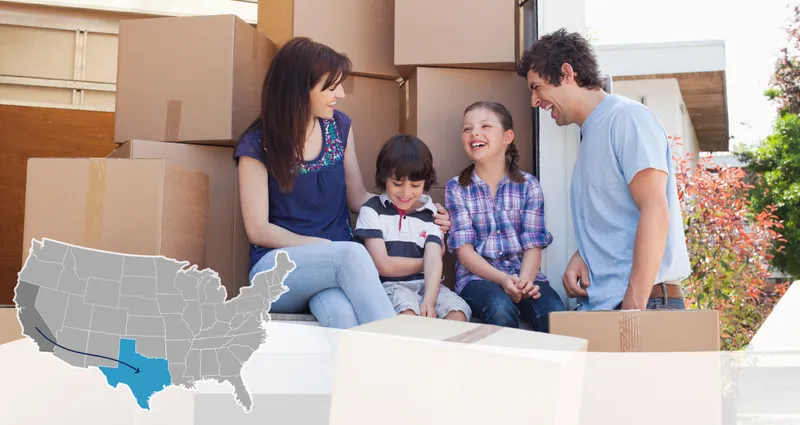 Image of family surrounded by moving boxes with a graphic of the US map in the bottom left corner. Map indicates an arrow going from California to Texas to indicate they are moving to Texas.