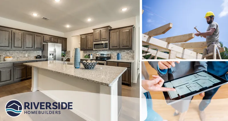 3 image collage. Image on left is of a model home kitchen. Image on top right is of construction worker. Image on bottom right is of person on their tablet.