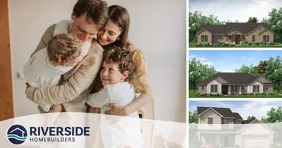 A stock image of a family with front elevation renderings on the right.