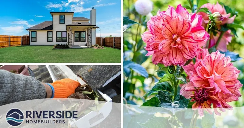 Image of a Riverside home exterior, summer flowers and cleaning out the gutters to prepare your home for summer.