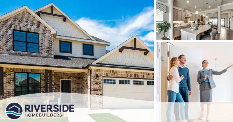 Image of a Riverside homebuilders model home exterior image and interior kitchen image. Stock image of a couple touring a model home.