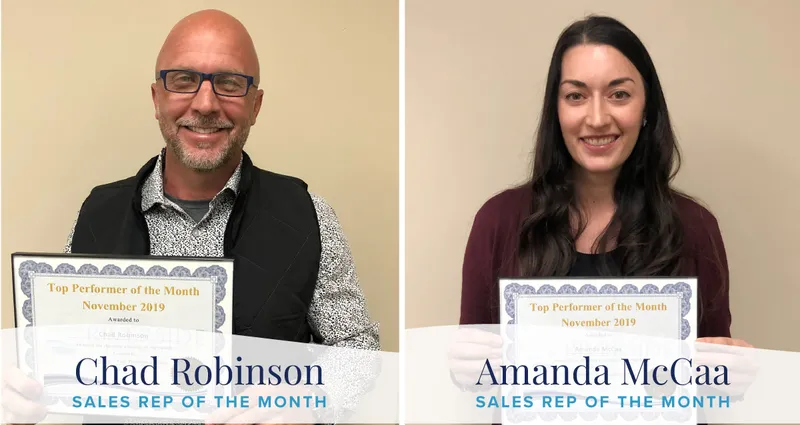 Photo collage of Novembers' sales reps of the month. Chad Robinson is on the left and Amanda McCaa is on the right. Photos are portraits featuring their awards