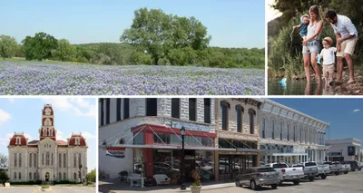 Four photo collage. Photo on top left is of field full of purple flowers. Photo on top right is of family of four standing near a shallow body of water. Photo on bottom left is of Weatherford courthouse. Photo on bottom right is of historic downtown buildings.