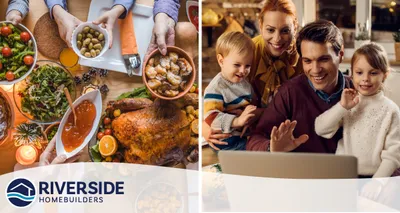 Two photo collage. Photo on left is of Thanksgiving dinner. Shows hands passing around bowls of food. Photo on right is of family waving at laptop while on a video call with family.