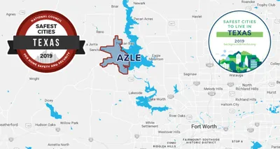 Map outlining Azle, TX with safe cities emblems in the top left and right corners.