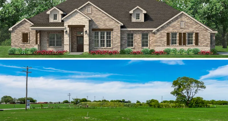 Two photo collage. Photo on top is of rendering of home. Photo on bottom is of land in Godley, TX.