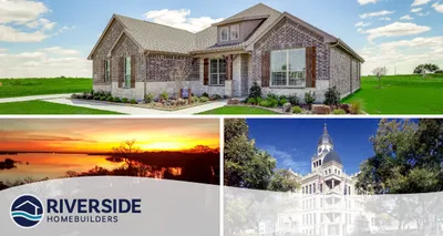 Three image collage. Image on top is of Midway Ridge model home. Image on bottom left is of sun setting on a lake. Image on bottom right is of building in Ponder.