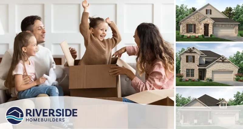 Four photo collage. Image on left is of two parents and their daughters in a living room. One daughter is in moving box. Three photos on right are of three floor plans available in Northstar.