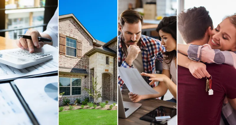 Four photo collage. First photo on far left is of an accountant typing on a calculator. Next photo is of a Riverside 2-story home. Next photo is of a family looking at a piece of paper in front of their laptop. Last photo on far right is of couple hugging while woman holds keys to a new home.