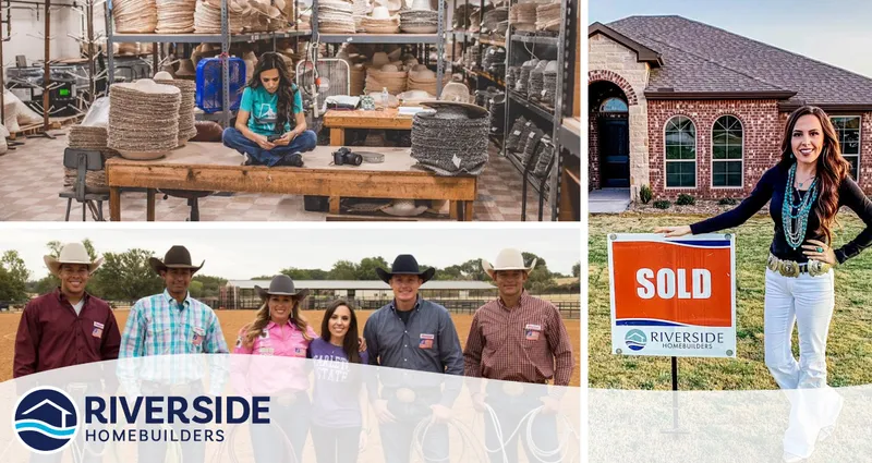 Three photo collage. Top horizontal photo on left is of Katie Lynn sitting on table surrounded by cowboy hats. Bottom horizontal photo on left is of Katie Lynn with friends from the rodeo. Vertical photo on right is of Katie Lynn with the sold sign in front of her new Riverside Homebuilders home.