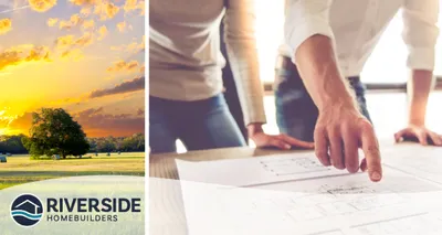 Two image collage. Image on left is of a sun setting over a landscape. Image on right is of two people looking at blueprints.