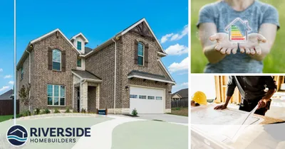 Three image collage. Riverside model home exterior image on the left. Stock image of someone holding a small house on top right. Image of someone looking a house plans on the bottom right.