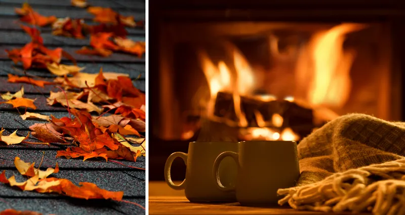 Two photo collage. Photo on left is of fall leaves on a roof. Photo on right is of a fire in a fireplace.