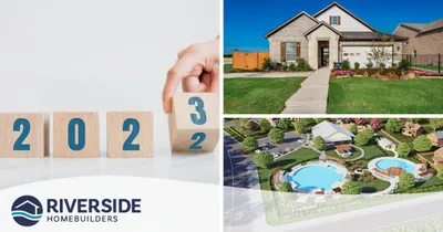 2023 stock image, Riverside Homebuilders model home and aerial image of amenities in a Riverside community.