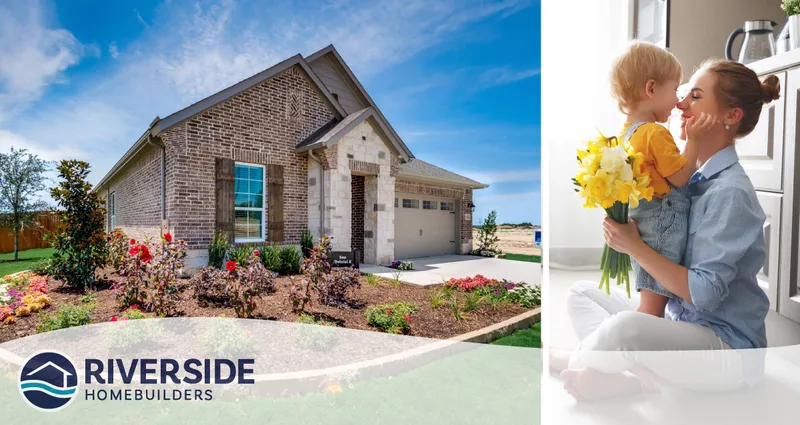 Two image collage. Image on left is of Silverstone at Pearson Ranch model home. Image on right is of woman holding flowers with her child.