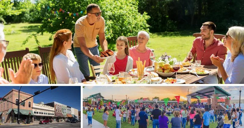 Images of Gainesville, TX along with a stock image of people gathered around a table outside.