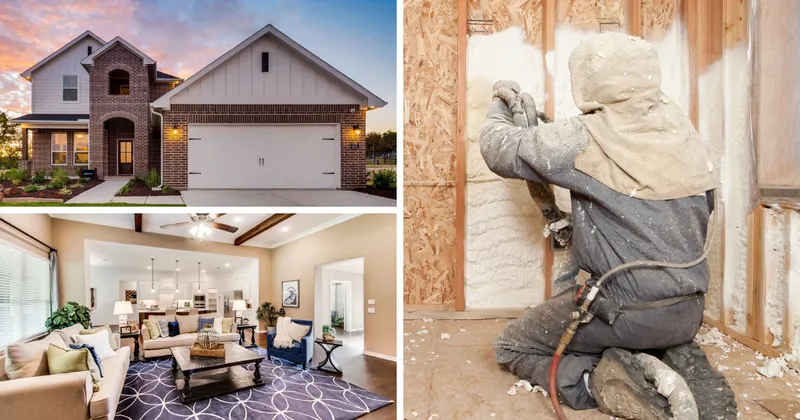 An exterior and interior image of a Riverside home and a picture of someone installing spray foam insulation.