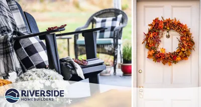 2 image collage. Image on right is of patio chairs with black and white plaid cushions. Image on right is of wreath with fall colored leaves hanging on a white front door.