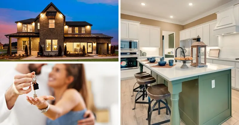 Interior and exterior image of a Riverside model home and a stock image of a couple getting the keys to their house.