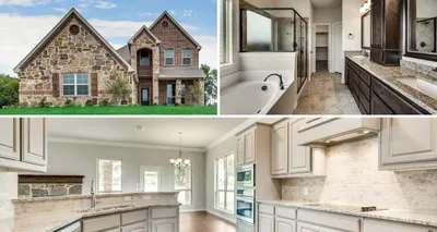 Collage of exterior of home, master bathroom and kitchen