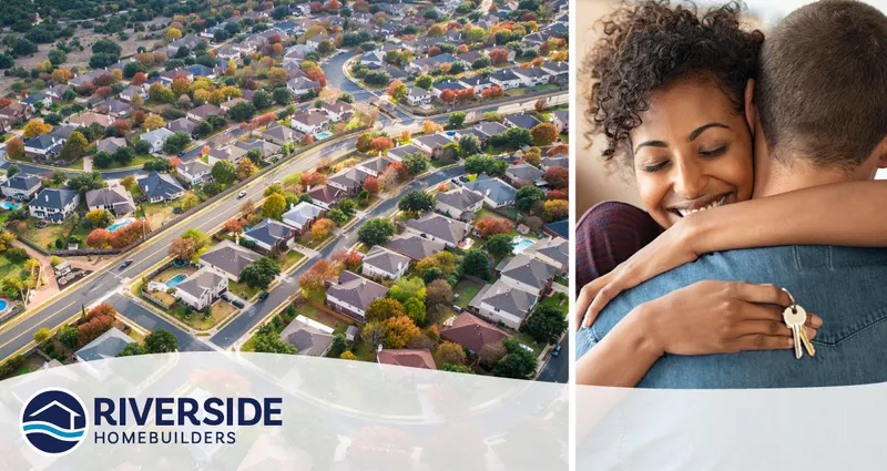 Two image collage. Photo on left is of aerial shot of a few neighborhoods. Photo on left is of woman hugging her significant other.