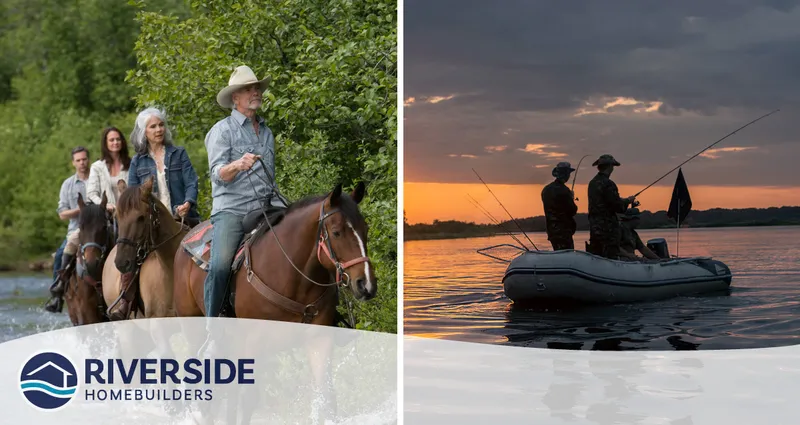 2 image collage. Image on left is of group of 4 people riding horses on trail. Photo on left is of two people fishing on raft.