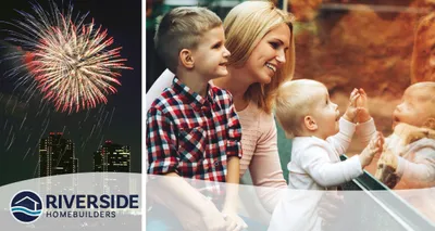 2 image collage. Image on left is of a fireworks show. Image on right is of a mom with her two kids looking into a zoo exhibit.