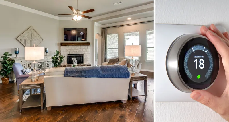 Two photo collage. Photo on left is of living room in model home. Photo on right is of a hand adjusting the thermostat.