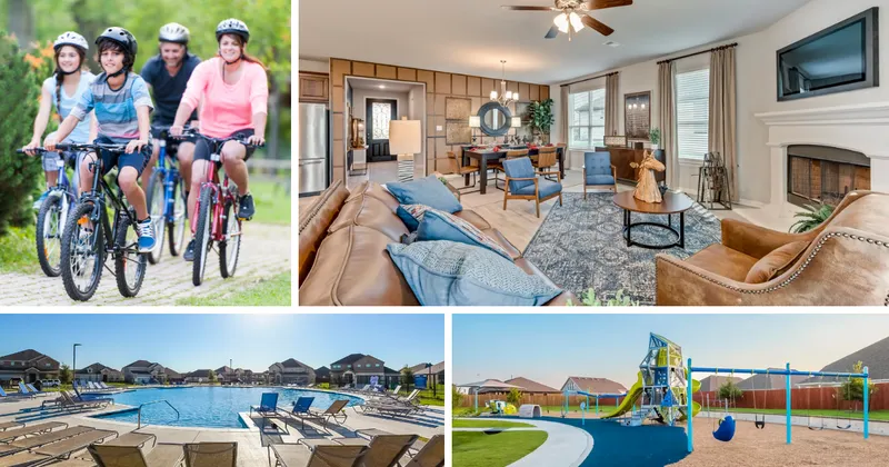 Images of Northstar's amenities and Riverside model home. Stock image of a family biking on a trail.