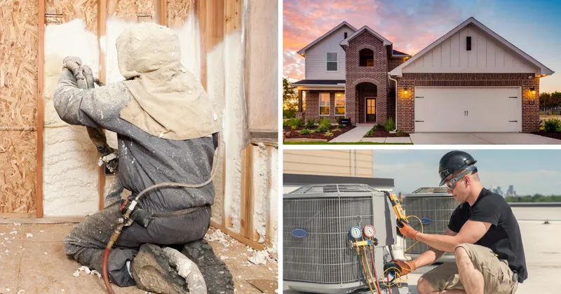Spray foam insulation, exterior Riverside home image and stock image of worker looking at outdoor AC unit.