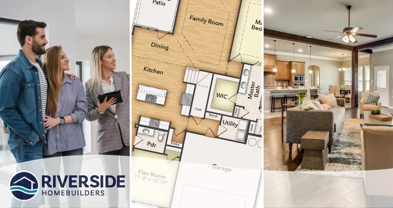 3 image collage. Image on left is of couple with their realtor. Image in middle is of a floor plan rendering. Image on right is of a model home living room.