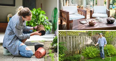 Stock images of people gardening and watering their yard.