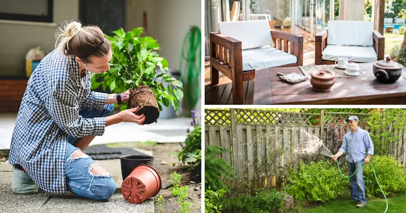 Stock images of people gardening and watering their yard.