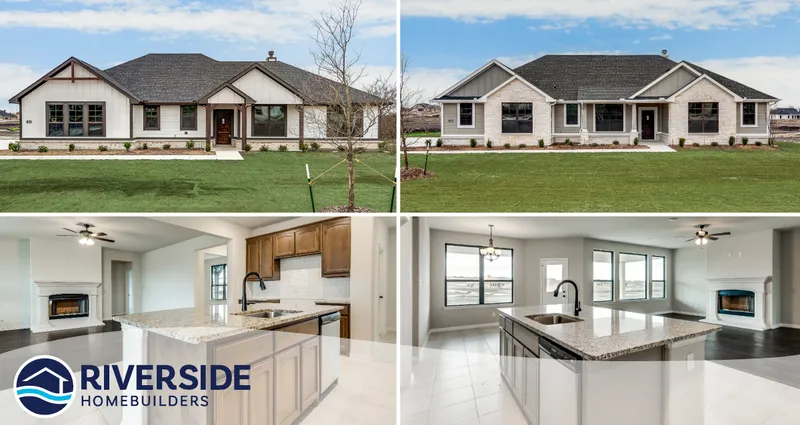 4 photo collage. Top two photos are of Riverside Homebuilder's farmhouse-style homes. Bottom two pictures feature photos of those homes' kitchens.