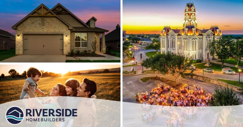 Three image collage. Image of Silverstone model home exterior, image of a family enjoying time together, and image of downtown Weatherford.