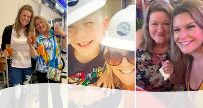 Three photo collage. Image on left is of Nicole (daughter) and Sherri (mother) holding drinks. Image in middle is of Nicole with her son Dallas in Riverside Homebuilders construction hats. Image on right is of Nicole and Sherri taking a selfie at a table.