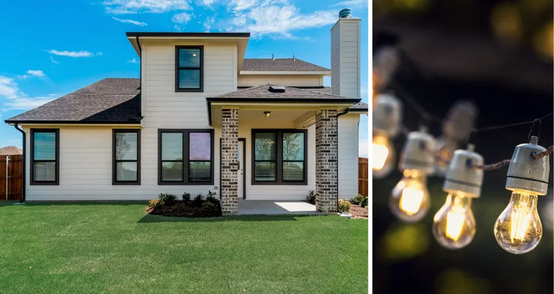 Two photo collage. Photo on left is back of Quail Run model home in Sherman. Photo on right is of outdoor lights.
