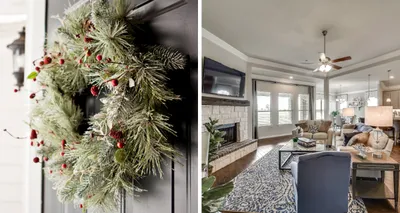 Two photo collage. Photo on the left is of holiday wreath. Photo on right is of Riverside Homebuilders living room.