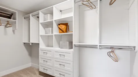 walk-in closet with custom built-in shelves, rods and drawers