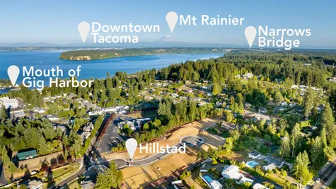 aerial view from above hillstad new home community with area attractions called out including downtown tacoma, mount rainier and the narrows bridge