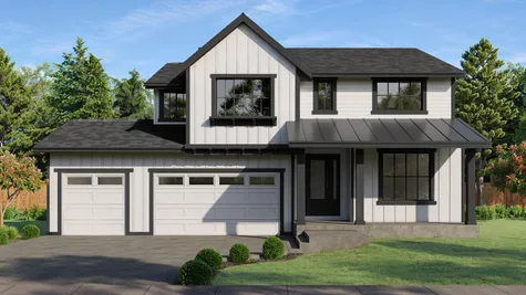 rendering of 3070 sq.ft. home plan with 3-car garage in farmhouse style
